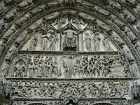 The Last Judgement. 13C sculpture with Archangel Michael weighing souls and Abraham welcoming the saved.