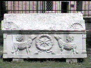 A carved sarcophagus