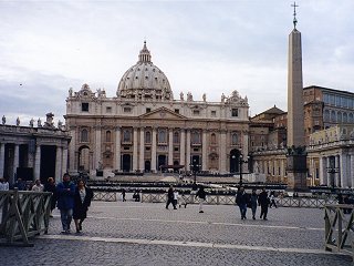 The front view of St. Peters.  Notice the small statues on top?