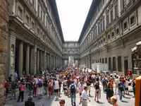 The courtyard of the Uffizi gallery.  Each niche has a life-sized statue of famous people from the worlds of art and science