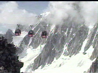 Suspended between peaks and over snow fields